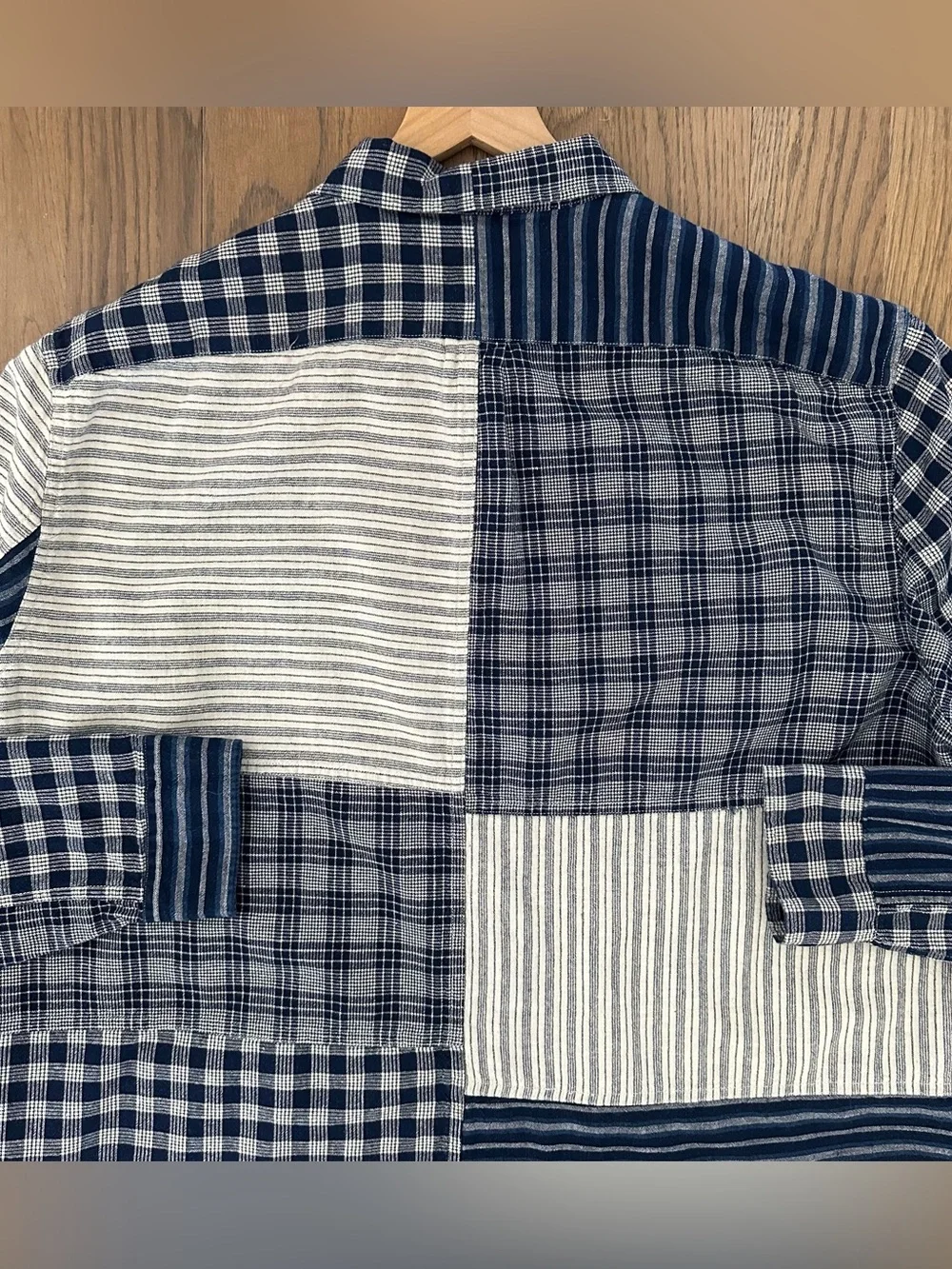 Wallace & Barnes Plaid Striped Patchwork Cotton Chore Coat Indigo Blue, White XL